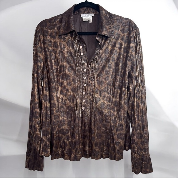 Alberto Makali Tops - Alberto Makali Metallic Leopard Print Button-Up Blouse XL Long Sleeve Tunic Top